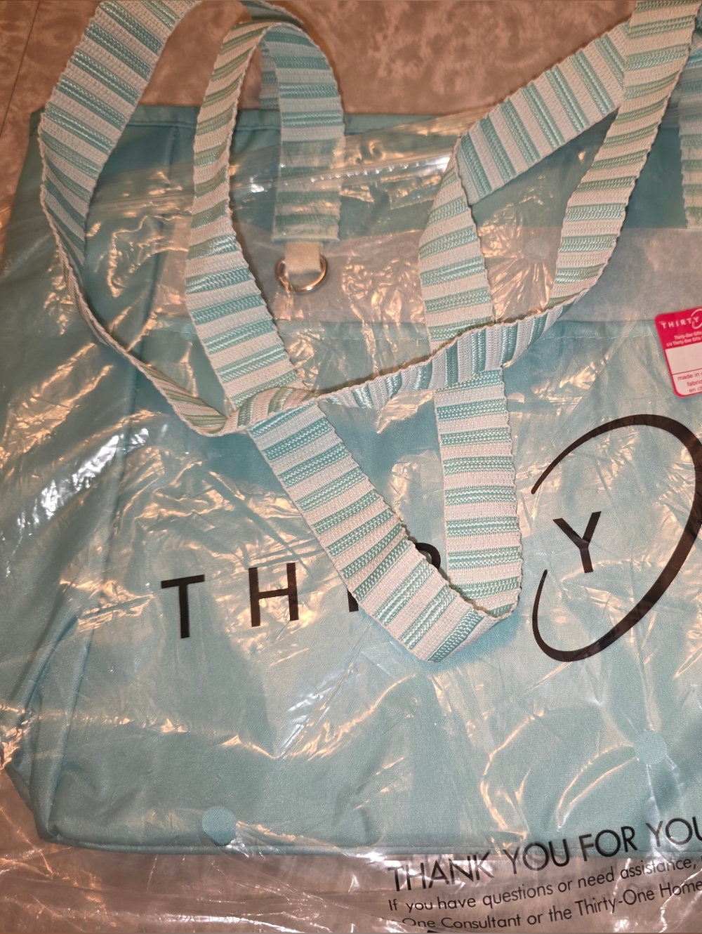 thirty-one  Lets Lunch in carrabean blue Insulated Tote with Striped Handles